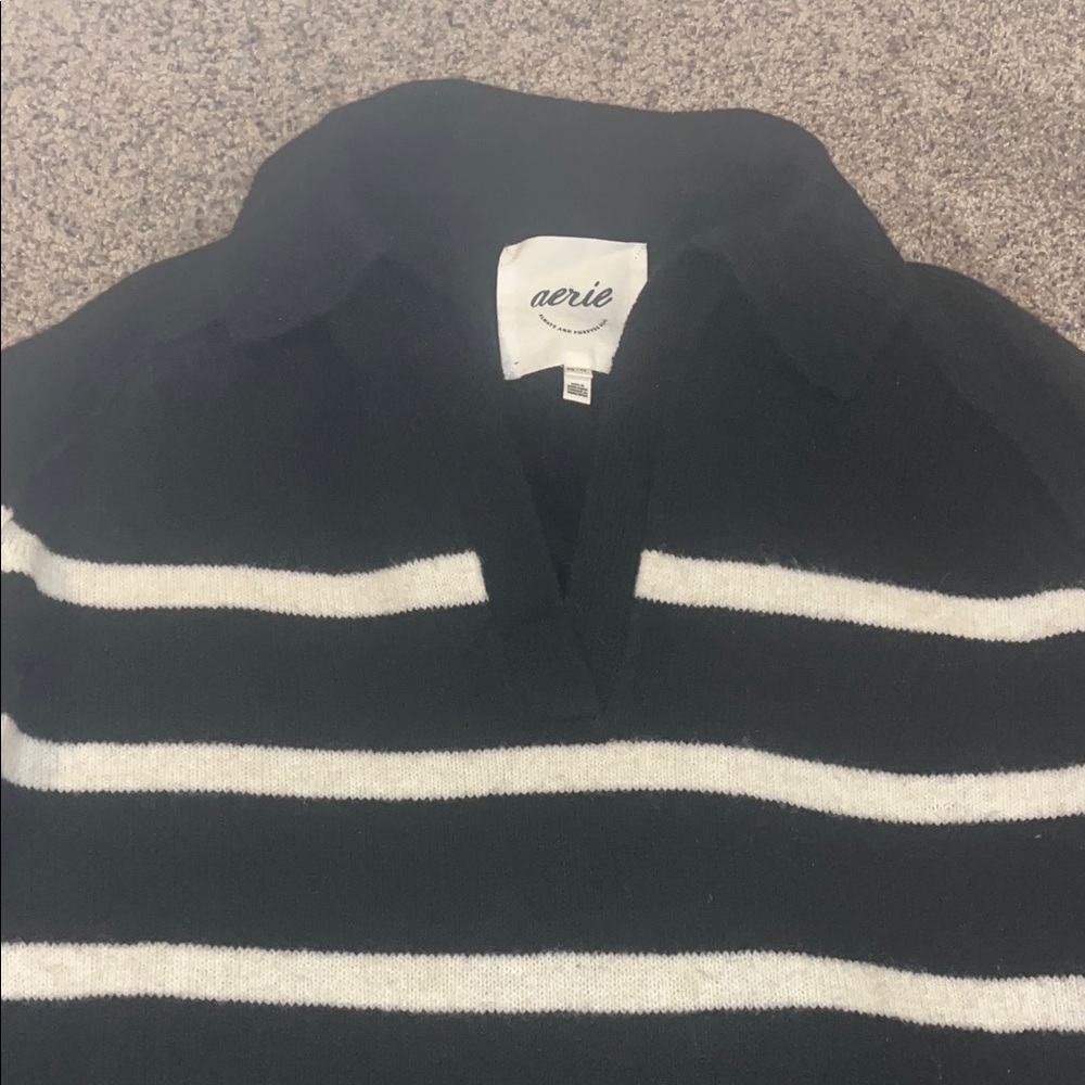 Aerie women’s Striped Black and White Collarded vneck Sweater